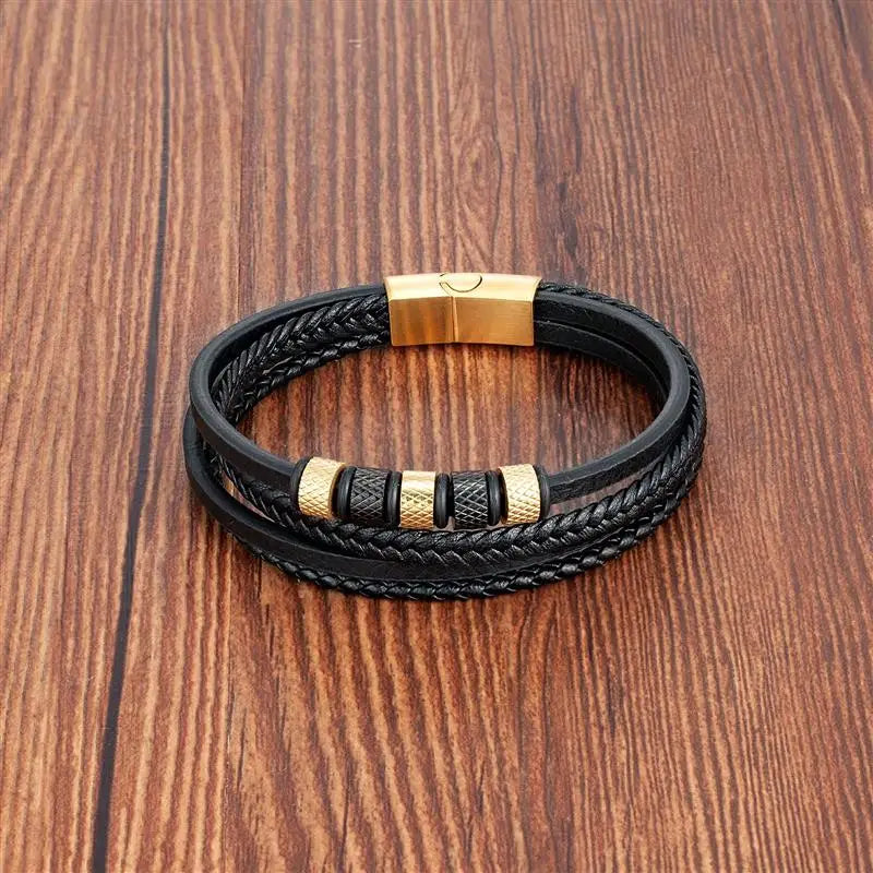 Luxury Stainless Steel Classic Multilayer Braided Leather Bracelet
