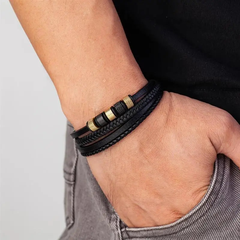 Luxury Stainless Steel Classic Multilayer Braided Leather Bracelet