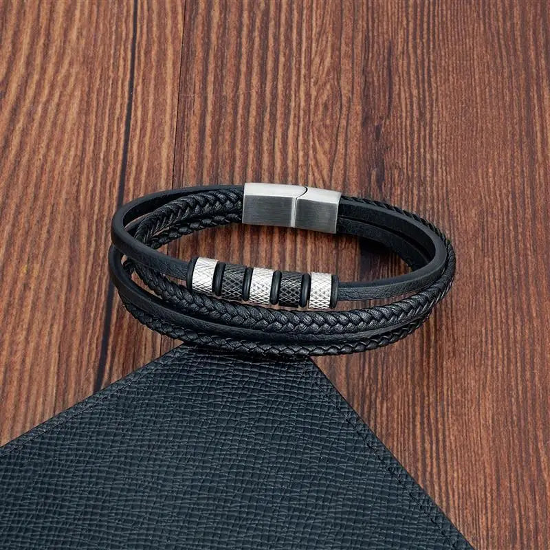 Luxury Stainless Steel Classic Multilayer Braided Leather Bracelet