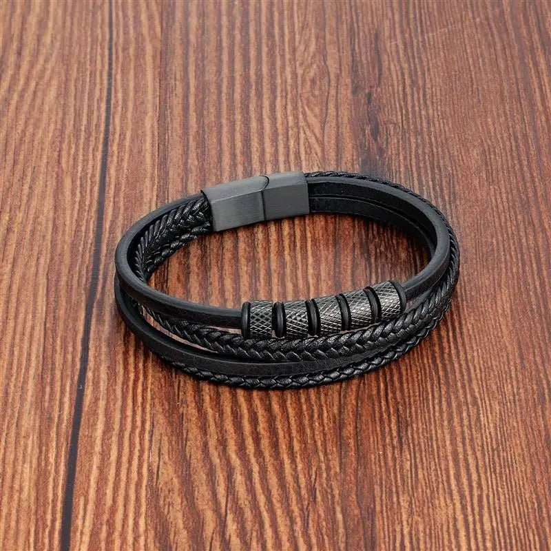 Luxury Stainless Steel Classic Multilayer Braided Leather Bracelet