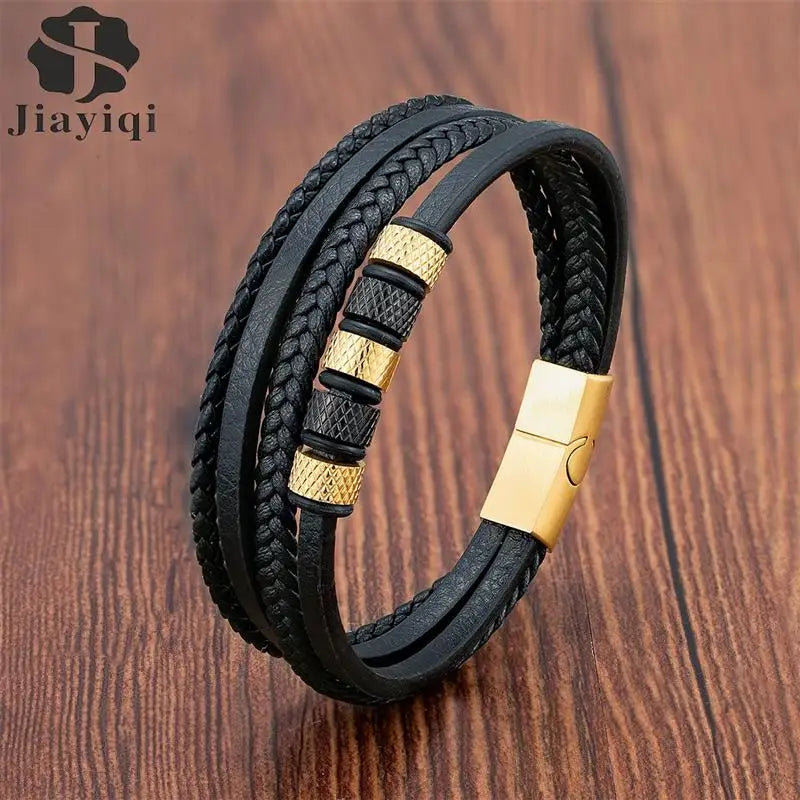Luxury Stainless Steel Classic Multilayer Braided Leather Bracelet