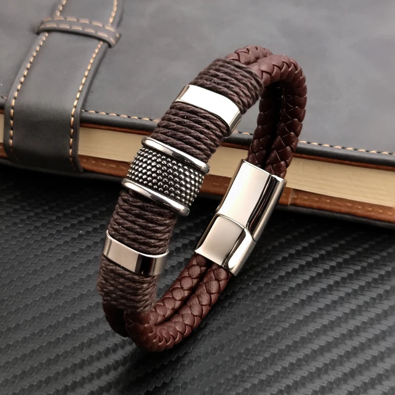 Luxury Vintage Multilayer Brown Genuine Leather Men Bracelet
