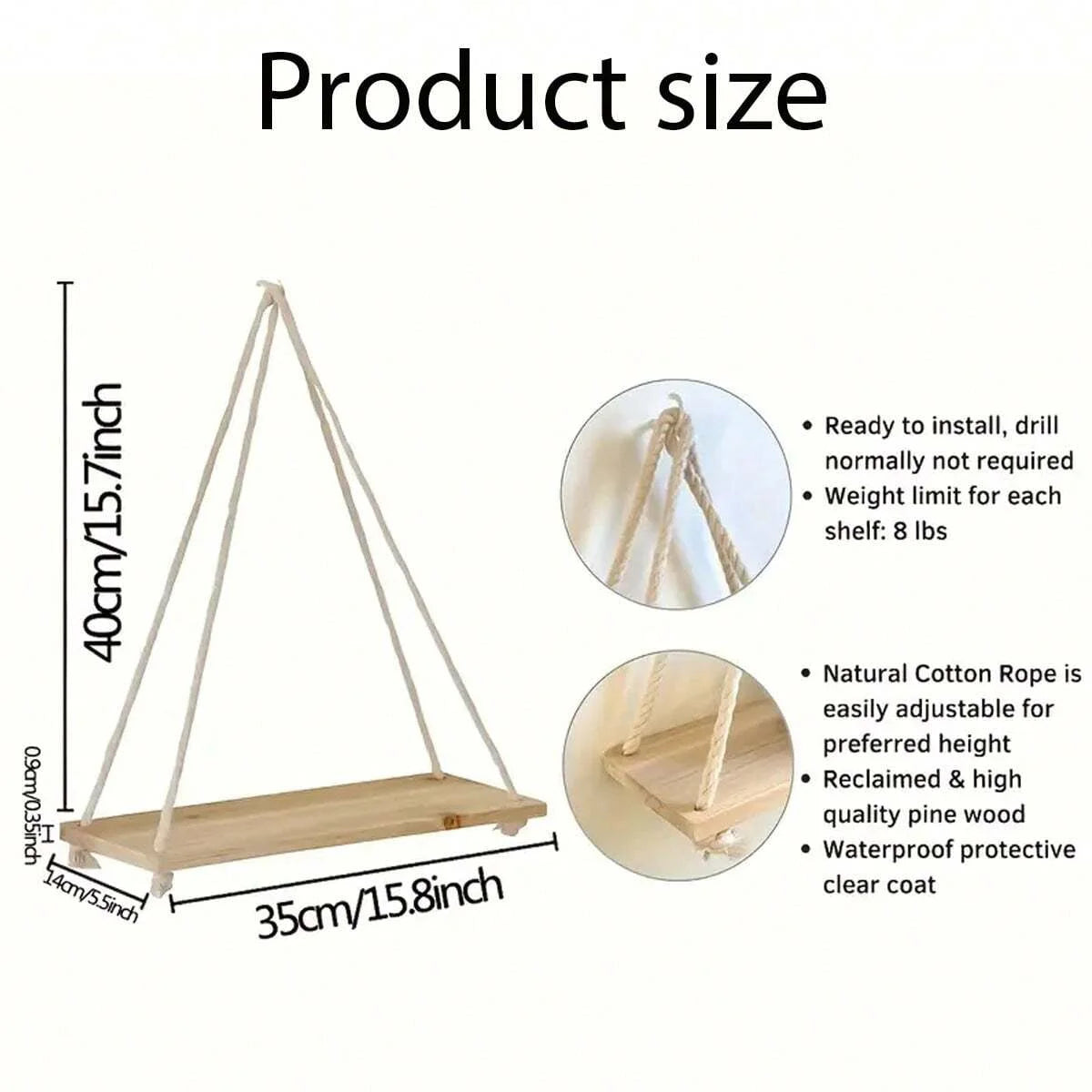 1PC Wooden Swing Hanging Shelf - Mounted Floating Home Decor with Hemp Rope for Living Room Plant, Flower Pot, or Garden Storage Display