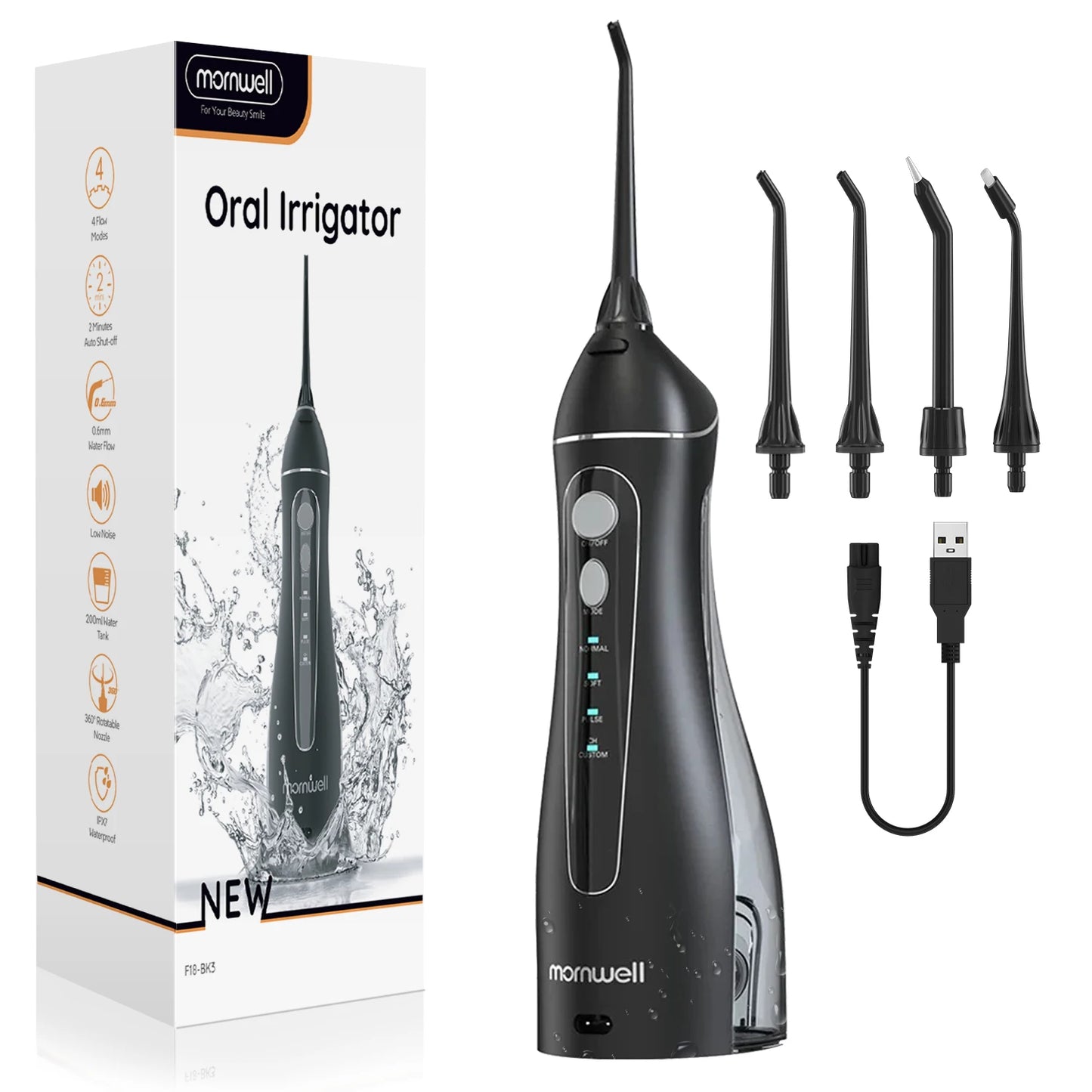 Portable Oral Irrigator F18 Water Flosser USB Rechargeable 4 Nozzles Dental Water Jet 200ml Water Tank Waterproof
