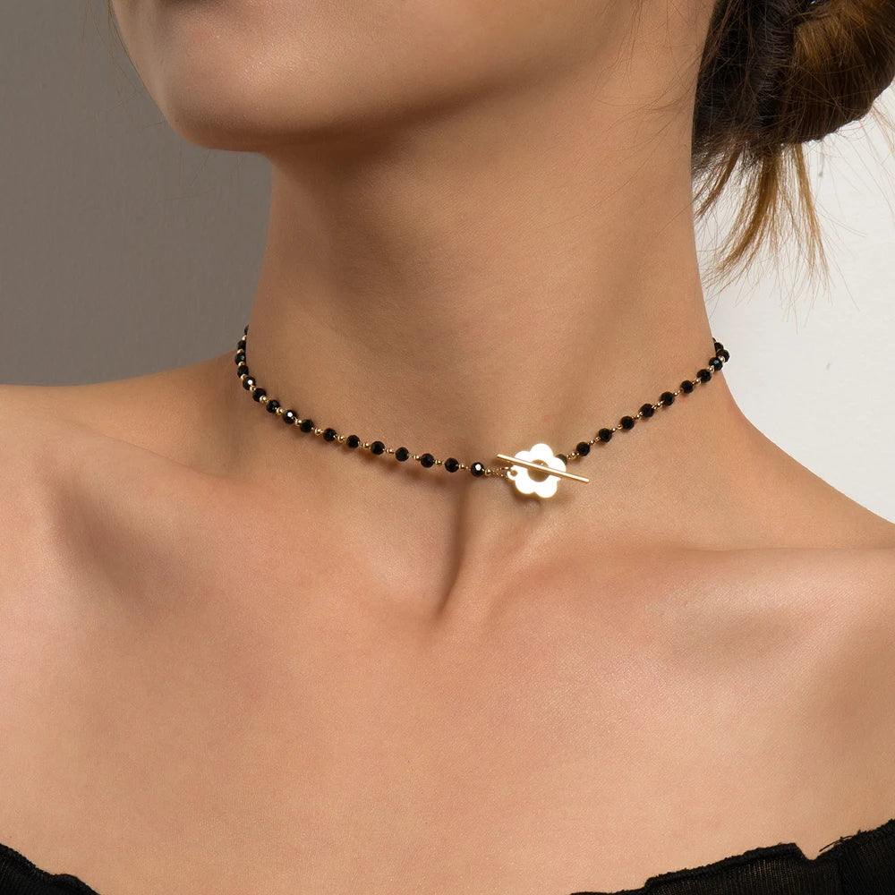 2024 New Fashion Luxury Black Crystal Glass Bead Chain Choker Necklace For Women Flower Lariat Lock Collar Gifts