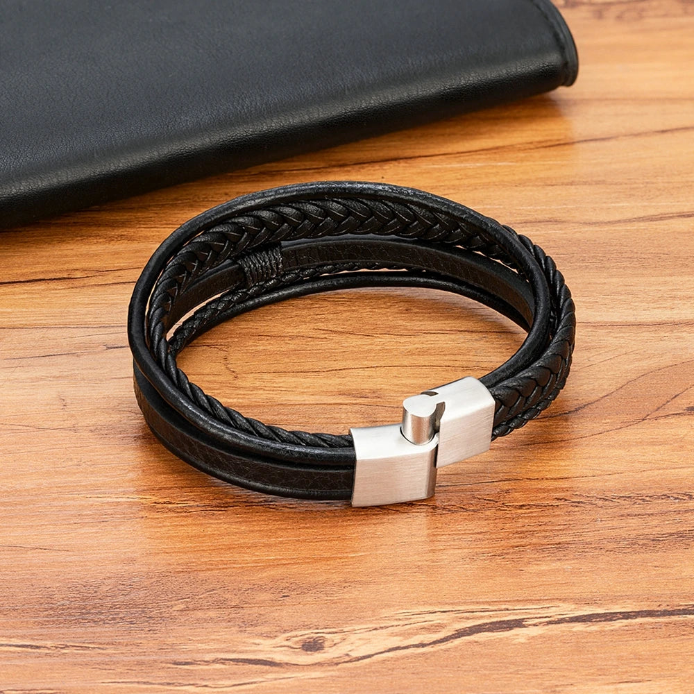 Luxury Fashion Hand-Woven Leather Bracelet Multilayer Men's Bangles