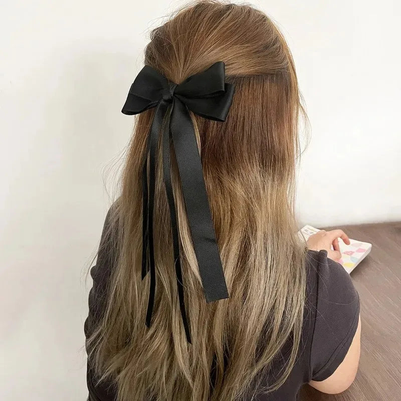 Solid Color Ribbon Double Bowknot Hair Clips for Women Girls Trendy Big Bow Long Tassel Silver Barrettes Pin Accessories