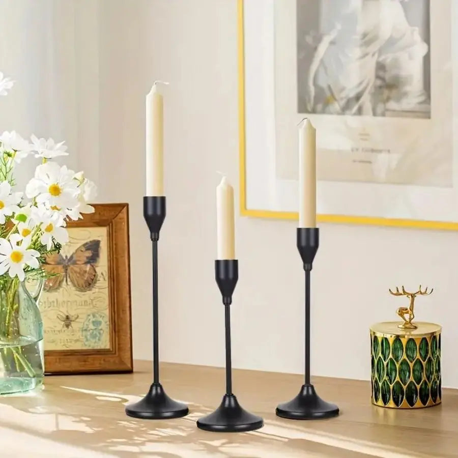 Set of 3 Black Taper Candle Holders — A touch of European elegance to your table