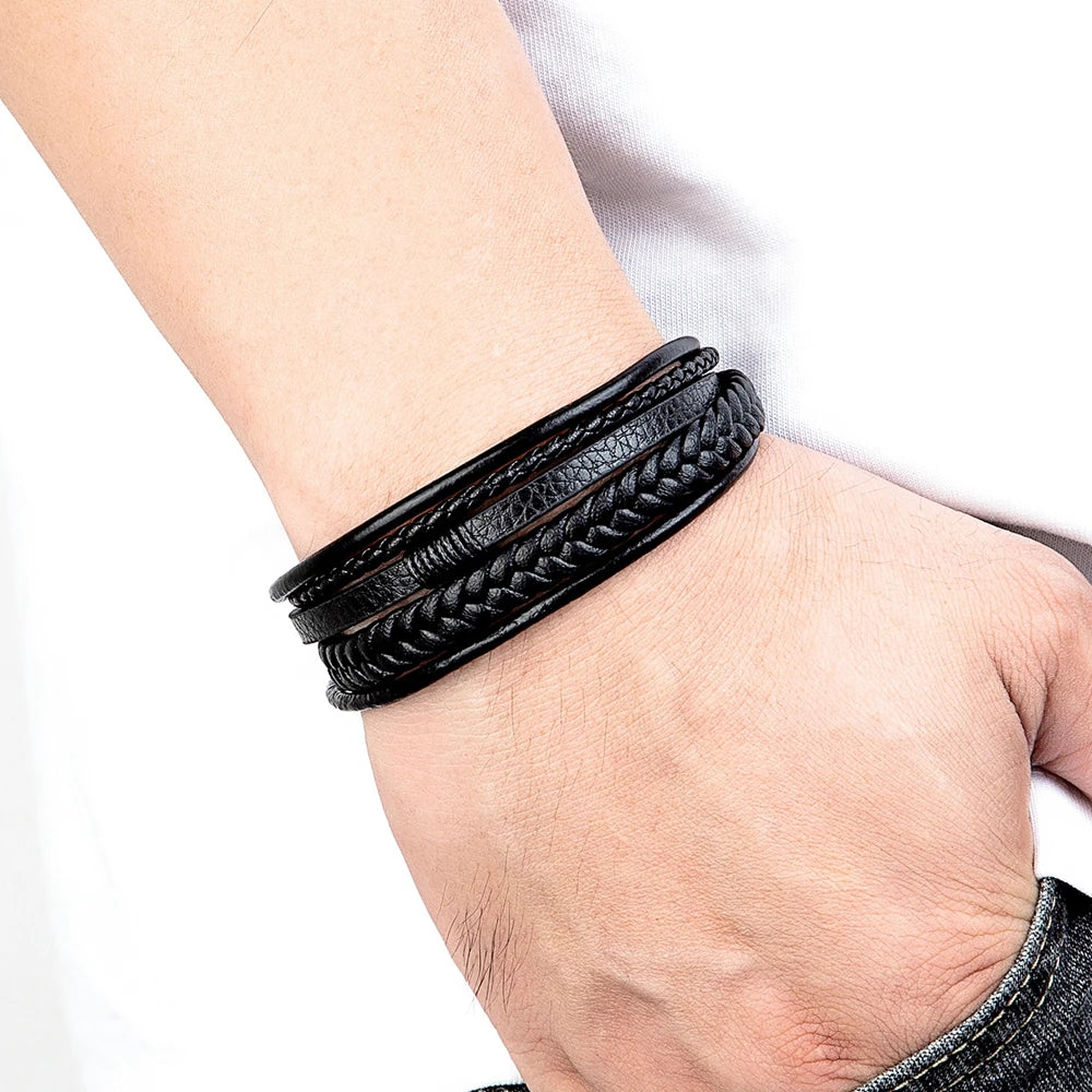 Luxury Fashion Hand-Woven Leather Bracelet Multilayer Men's Bangles