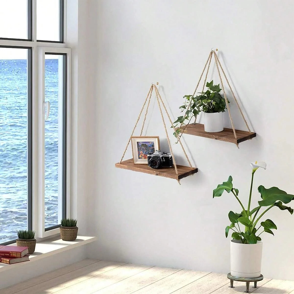 1PC Wooden Swing Hanging Shelf - Mounted Floating Home Decor with Hemp Rope for Living Room Plant, Flower Pot, or Garden Storage Display