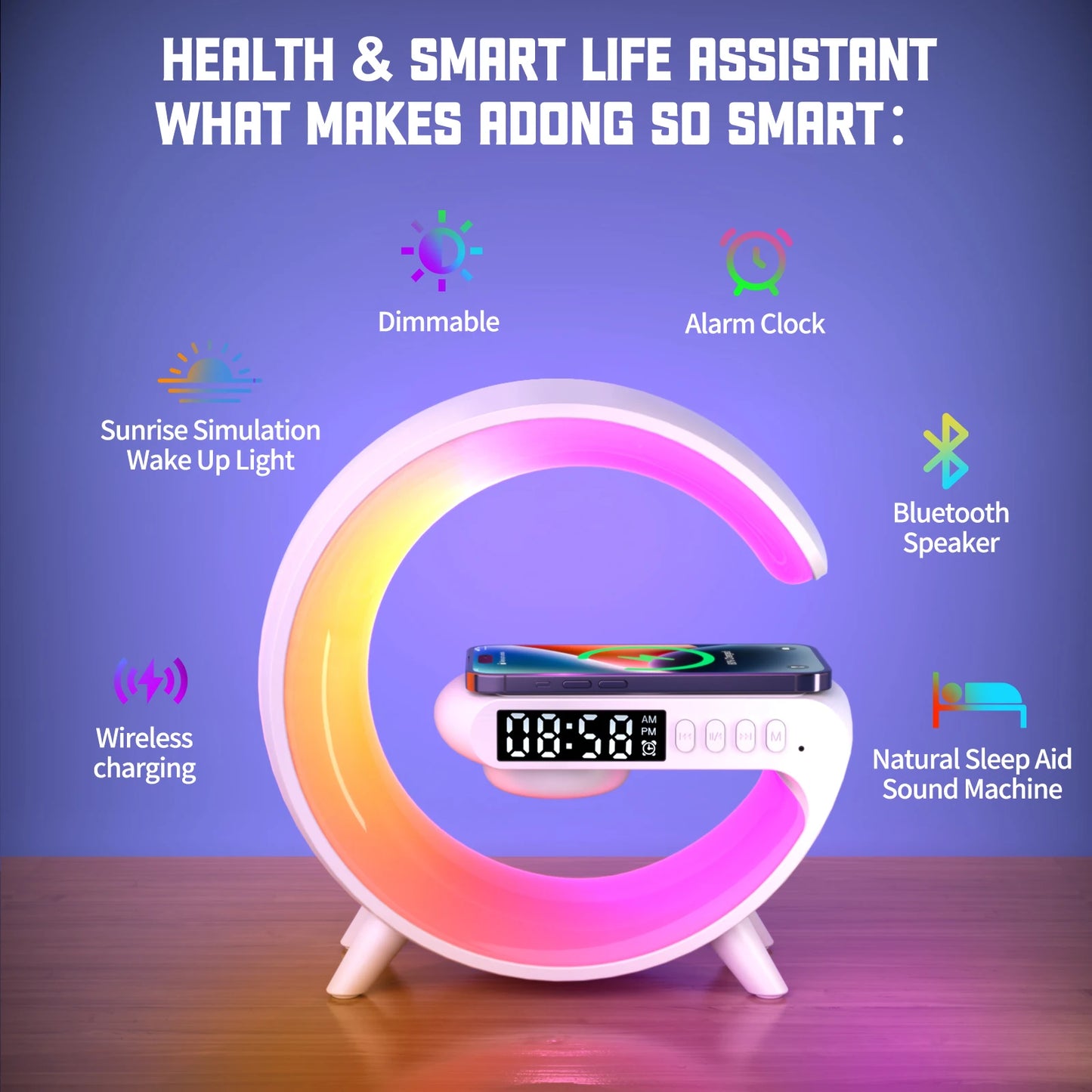 LED Smart Wake Up Light — Featuring RGB Night Lighting And A wireless Speaker 15W Rechargeable Desk Lamp