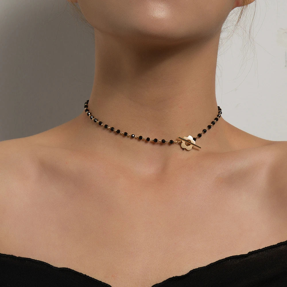 2024 New Fashion Luxury Black Crystal Glass Bead Chain Choker Necklace For Women Flower Lariat Lock Collar Gifts