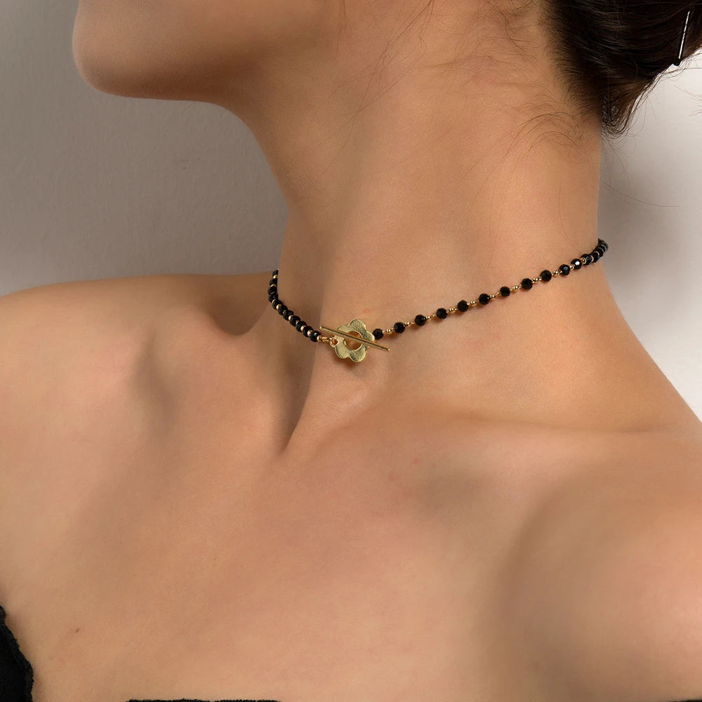 2024 New Fashion Luxury Black Crystal Glass Bead Chain Choker Necklace For Women Flower Lariat Lock Collar Gifts