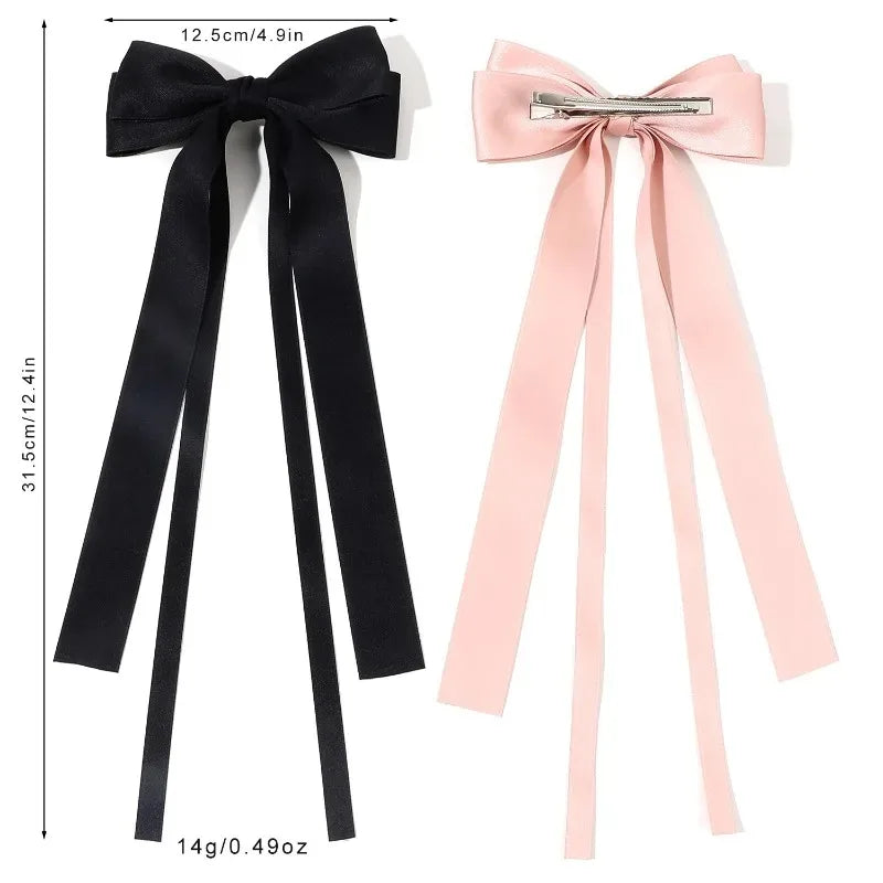 Solid Color Ribbon Double Bowknot Hair Clips for Women Girls Trendy Big Bow Long Tassel Silver Barrettes Pin Accessories