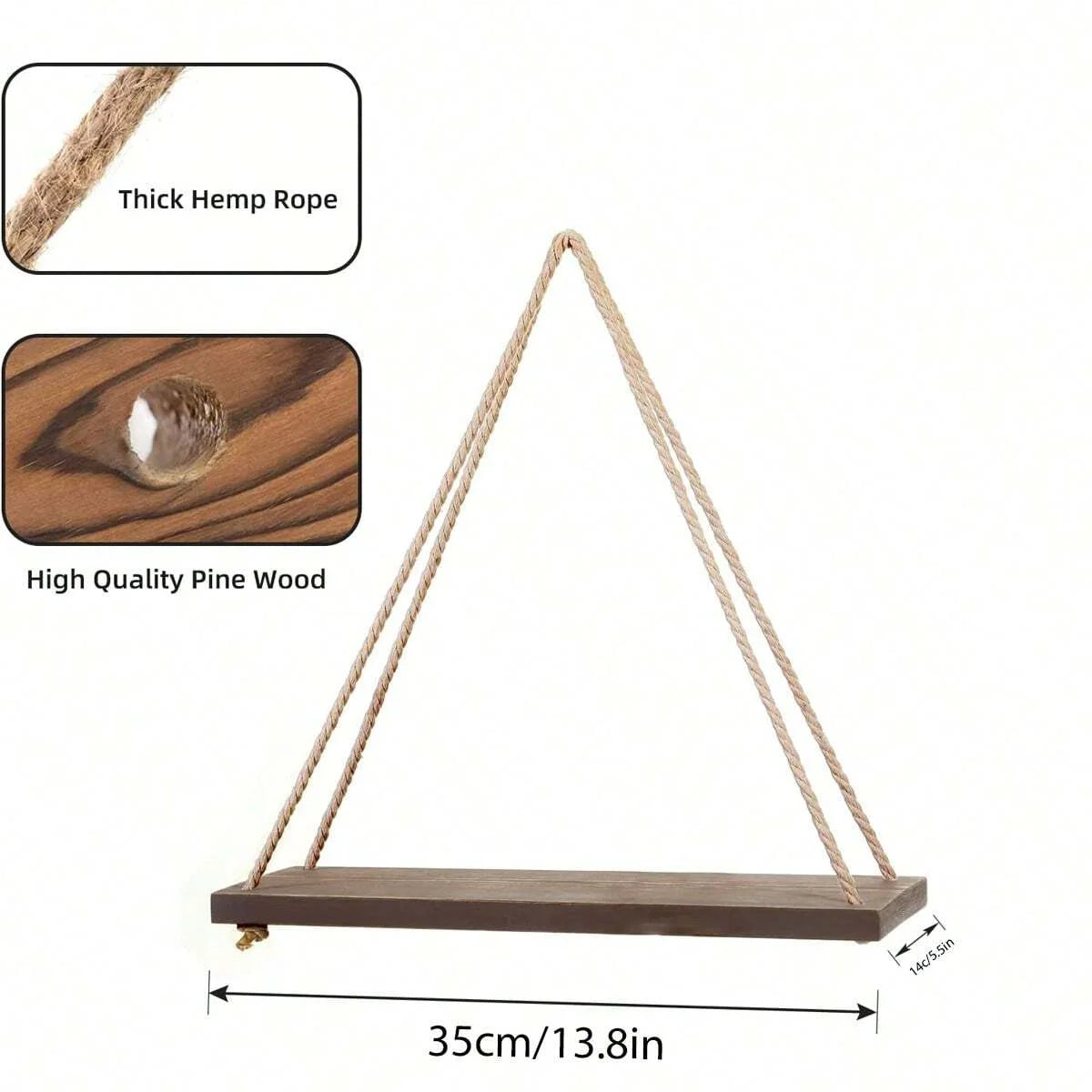 1PC Wooden Swing Hanging Shelf - Mounted Floating Home Decor with Hemp Rope for Living Room Plant, Flower Pot, or Garden Storage Display