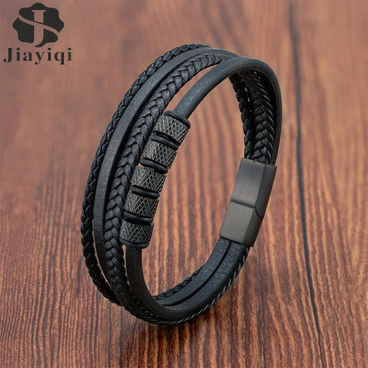 Luxury Stainless Steel Classic Multilayer Braided Leather Bracelet