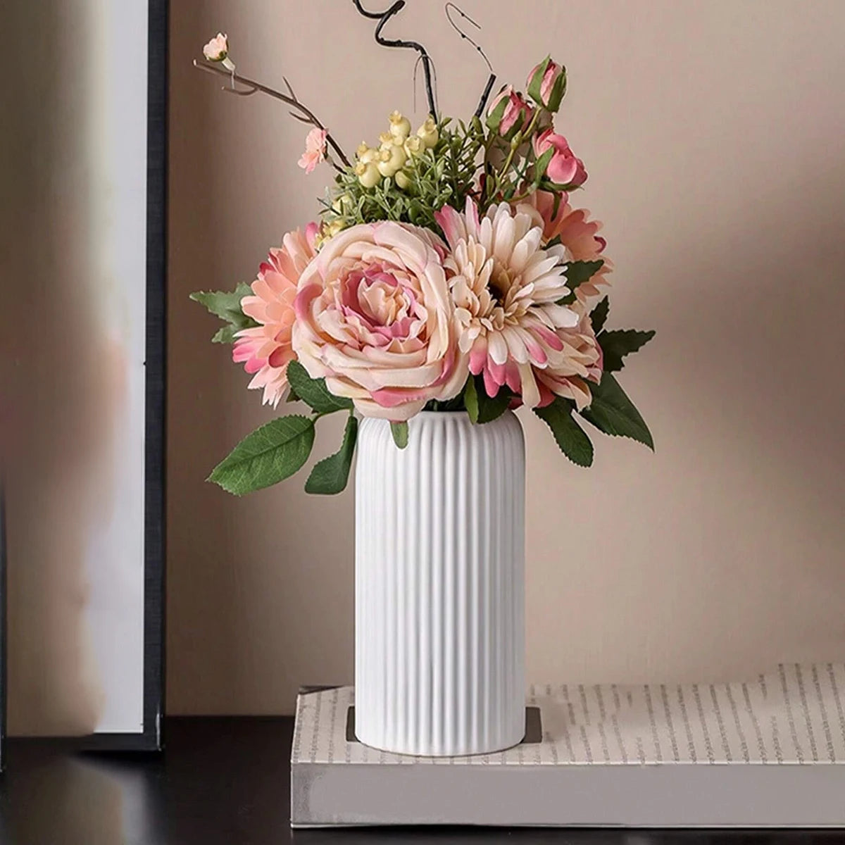 Striped Ceramic-Like Plastic Flower Vase - Perfect for Decorative Floral Arrangements and Creative Little Flower Displays