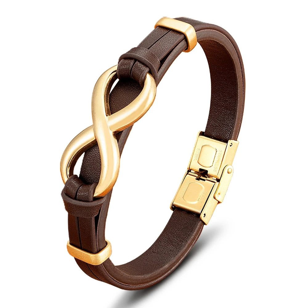 Luxury Genuine Leather Infinity Symbol Men Bracelet Stainless Steel Buckle