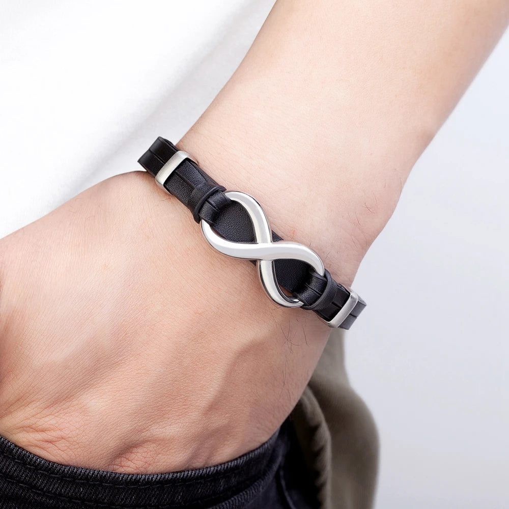 Luxury Genuine Leather Infinity Symbol Men Bracelet Stainless Steel Buckle