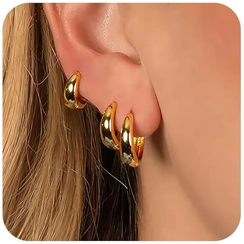 3 Pairs Chunky Gold Color Hoop Earrings Set for Women Girls 2024 Trend Jewelry Stackable Piercing Dainty Twist Cuff Earring