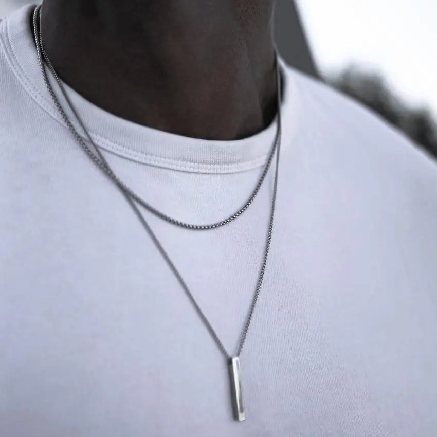 3D Vertical Bar Necklaces for Men - Featuring Layered Stainless Steel Geometric Pendant