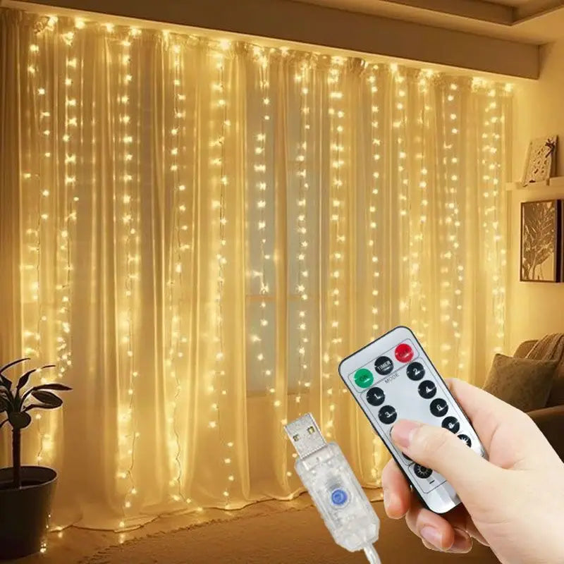 "USB LED Curtain String Lights with Remote Control