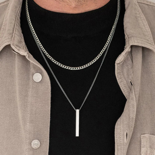 3D Vertical Bar Necklaces for Men - Featuring Layered Stainless Steel Geometric Pendant