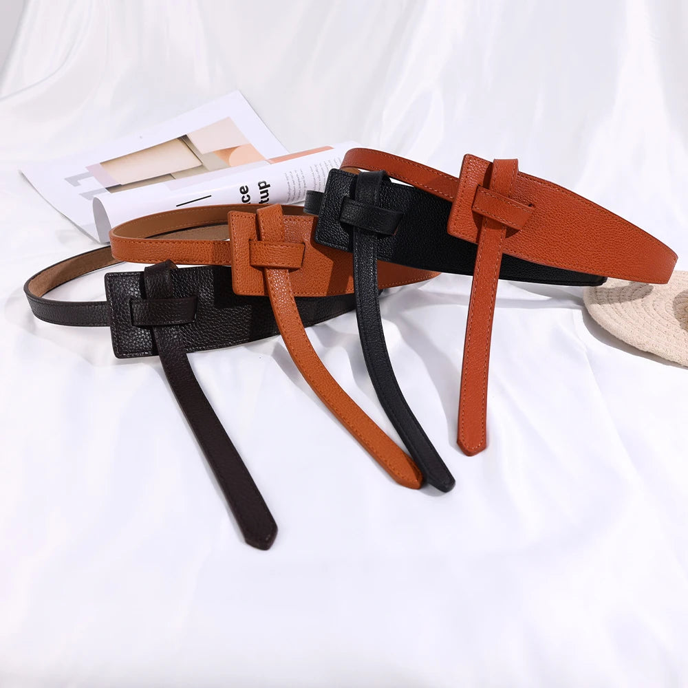 High-Quality Women Designer Belts - Knot Leather Long Cummerbunds
