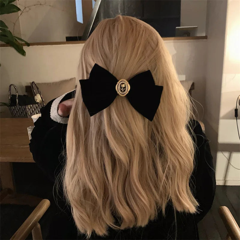 New Black Velvet Bow Hair Pins Elegant Fabric Alloy Roses Hair Clips for Women Fashion Ponytail Barrette Heawear Accessories